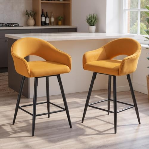 Ya-Home Chaise Bar Pivotant Lot de 2 Tabourets de Bar en Velours Tabouret de Comptoir Moderne avec Pieds en Métal Chaises de Cuisine Moderne, Jaune