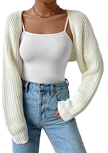 Edhomenn Women's Cropped Cardigans Long Sleeve Knit Shrug Open Front Ribbed Bolero Tops Summer Vacation Clothes (01 White, M)