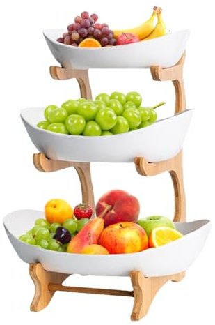 Présentoir à 3 étages avec bol à fruits, corbeille à fruits à plusieurs étages pour cuisine, support moderne en bois, support pour gâteaux aux fruits et panier de rangement pour plan de travail, bols