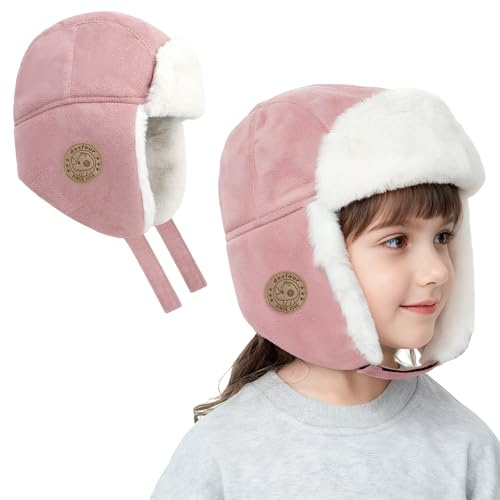 TAGVO Chapeau Trappeur Enfant avec Oreilles – Bonnet Aviateur Thermique en Suédine & Polaire pour Fille & Garçon, Chapeau Ski Coupe-Vent 4–10 Ans