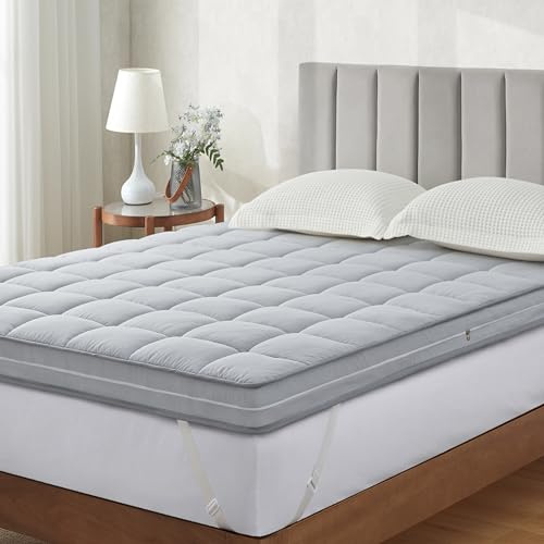 Jamdok 7.6cm Pillow Top Memory Foam Mattress Topper for Double Bed, Quilted Removable Cover,Medium Firm,Elasticated Straps,Gray(135 X 190 X 7.6cm)