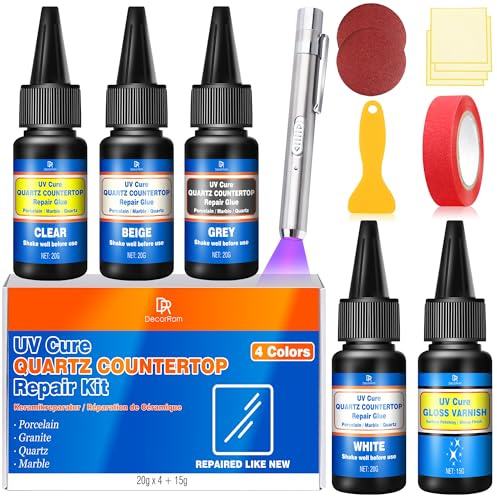 Quartz Countertop Repair Kit, 4 Colours UV Ceramic Tile Repair Kit (White, Beige, Gray, Clear) Fast Curing Odorless for Repairing Tile, Granite, Ceramic, Bathtub, fibreglass with Cracks and Scratches