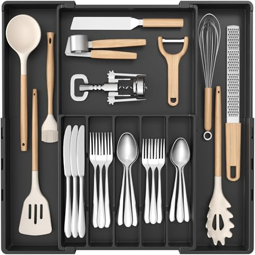 Lifewit Organizador de Cubiertos para Cajón, Cubertero Extensible para Almacenamiento de Cocina, Bandeja para Cuchillos Cucharas y Tenedores, Ancho de 30,5 a 52 cm, con 5-8 Compartimentos, Negro