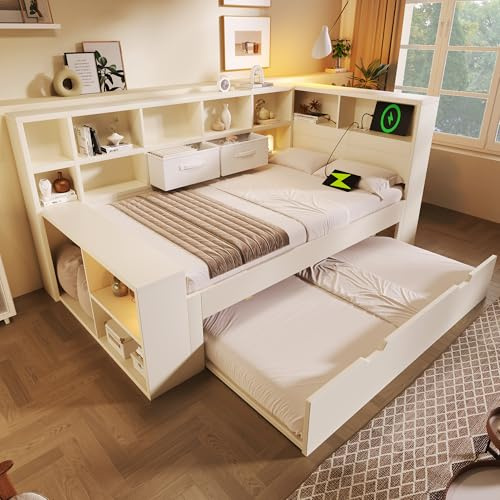 Generisch Letto singolo 90 x 190 cm in bianco, letto in legno con letto estraibile, ripiani su tre lati, porte di ricarica USB e TypeC, salvaspazio, senza materasso
