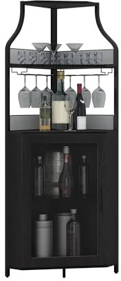 AffinityFurn 4-Tier Corner Bar Cabinet, Industrial Freestanding Wine Storage Sideboard, Adjustable Shelves, Removable Wine & Glass Rack, Mesh & Glass Doors, Liquor Storage for Home Bar, Kitchen, Black