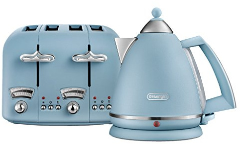 De'Longhi Argento Flora KBX3016 Kettle (3kW) and CTO4 4-Slice Toaster (1800W) (Blue)