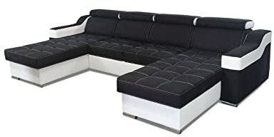 Ecksofa mit Schlaffunktion Geri U 310 cm x 183 cm - Wohnlandschaft U-Form - XXL Sofa mit 2 Bettkasten - Schlafsofa Groß - Schwarz/Weiß - Gewebe mit Kunstleder - Modern 19