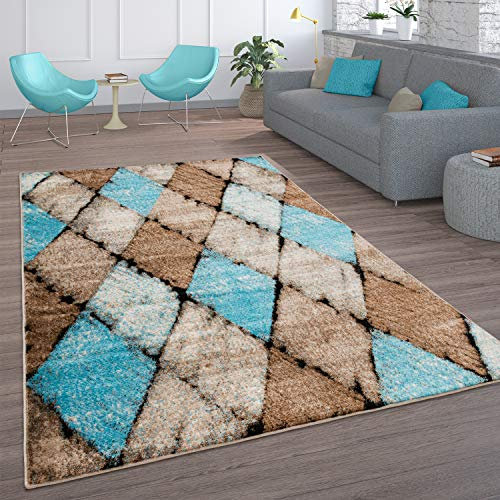 Paco Home Teppich Wohnzimmer Vintage Kurzflor Orientalisch Modern Rautenmuster Geometrisches Design Braun Türkis, Grösse:120x170 cm, Farbe:Beige 2