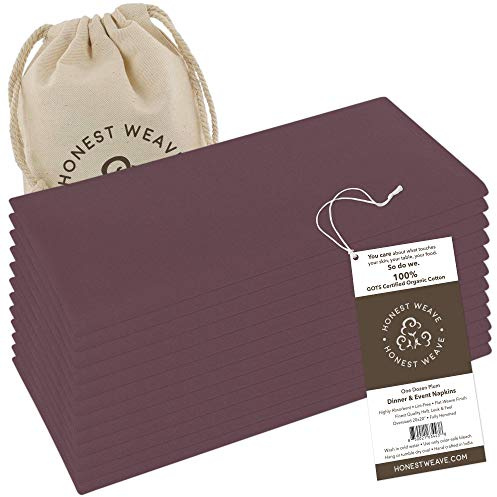 HONEST WEAVE GOTS Certified Organic Cotton Washable Cloth Napkins Sets for Everyday Dining, Dinner Parties, Weddings | Oversized 20x20 inches, Fully Hemmed, in Designer Colors, 12-Pack, Plum