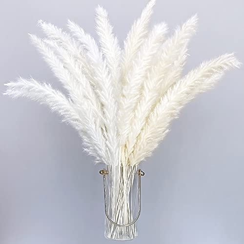Lot de 30 Herbes de Pampa artificielles séchées de 40 cm - Style bohème - Décoration d'intérieur - Phragmites - Fleurs séchées - pour vases, Bouquet de Fleurs Blanches - pour Mariage (White+Beige)