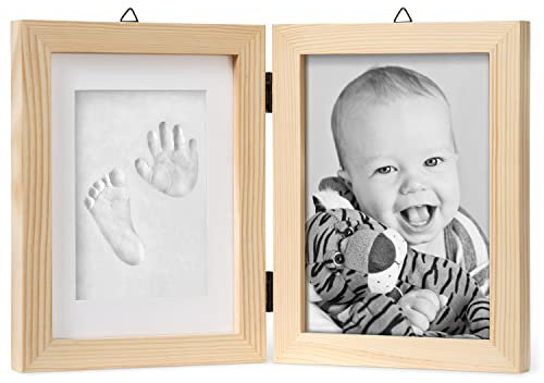 chuckle - Baby Hand & Fußabdruck Gipsabdruck, 2-Teiliger Holz Bilderrahmen (Groß 12,7x17,8cm Foto) mit Nudelholz - Kinderzimmer, Deko, Andenken, Geschenk für Neugeborene & Babyparty