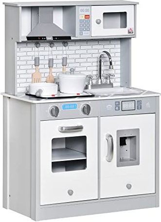 HOMCOM Kids Wooden Toy Kitchen Pretend Play Cooking Playset w/Sound & Light Effect, Battery Operated Cooktop, Ice Machine, Marble Pattern Countertop, for 3-6 Years Old