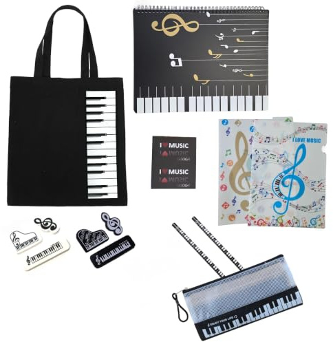 GOOGIT Set de Musique 17 Pièces Reliure pour Partitions Cahier à Pentagrammes Sac en Coton Pochette Crayons Papeterie Piano École Étudiants Retour à l'école (5 pcs - Luxury Black)
