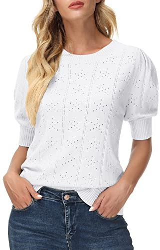 Summer Puff Short Sleeve Tops for Women 2026 Cute Crew Neck Crochet Blouse Dressy Casual Thin Hollow Out Pullover Sweater Bright White XL