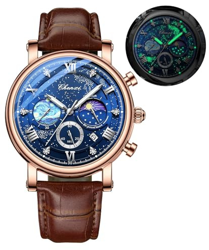 FANMIS Men's Classic Multifunctional Military Sports Analog Watch Business Dress Waterproof Luminous Chronograph Starry Sky Moon Phase Leather Wristwatch (Brown)
