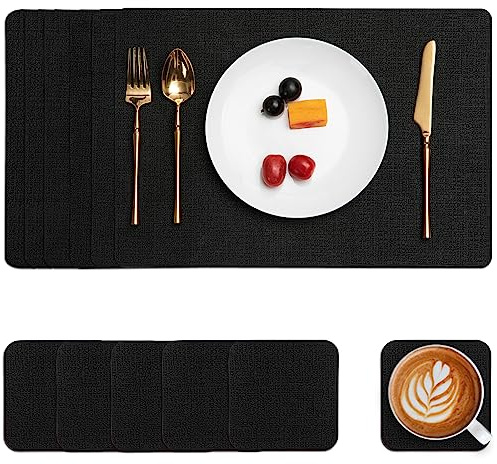 Myir JUN Table Mats Placemats and Coaster Sets 6 Place Mats for Table | Dual-Sided Faux Leather Table Mats Heat-Resistant Waterproof Non-Slip 43 x 30 cm for Kitchen Dining Indoor Outdoor (Black)