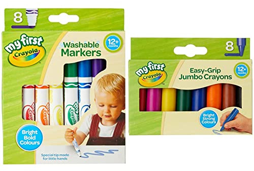 CRAYOLA MyFirst Washable Markers - Assorted Colours (Pack of 8) & MyFirst Jumbo Crayons - Assorted Colours (Pack of 8) | Easy-Grip Colouring Crayons Perfect for Toddlers Hands
