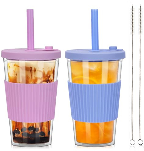 ZgoEC 500ml Bubble Tea Becher mit Strohhalm, 2pcs Doppelwandig Isoliert Cup