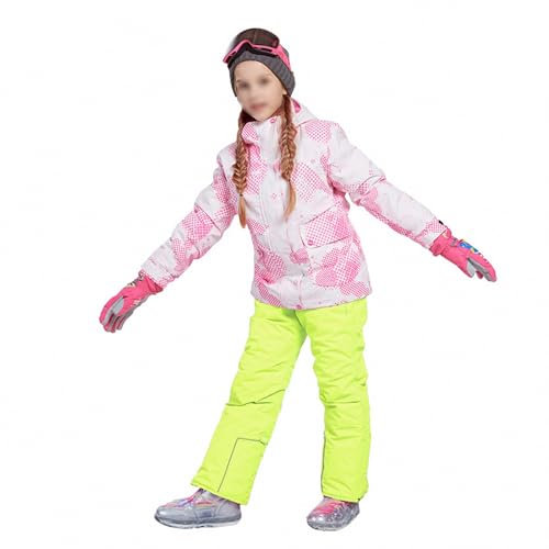 MAOTN Winddichte und warme Outdoor-Snowboardjacke mit Kapuze für Kinder, Leichter wasserdichter und kältebeständiger Winterskimantel für Mädchen + Trägerhosen-Set,Style3,120