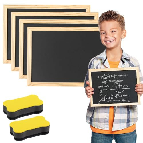 4 Stück Kreidetafel mit Holzrahmen, A4 Schiefertafel zum Beschriften, 20 x 30 cm, Tafel zum Beschriften mit 2 Schwamm, Kleine Blackboard für Kinder, Hochzeit, Memo, Party, Schule, Malen