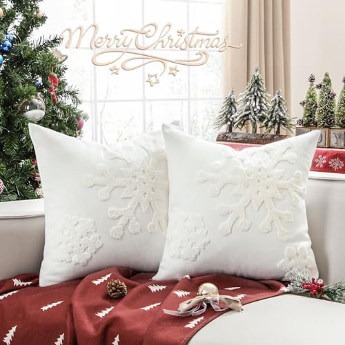 Lewondr Funda de Almohada de Navidad, [2 PZS] 50x50cm Fundas Decorativas de Lino Transpirables con Bordado de Copos de Nieve, Cubierta de Cojín Cuadrada Antiarrugas para Sofá Cama Silla Coche, Blanco
