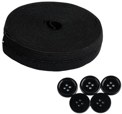 1 Rollo Banda Elástica con Ojales, Cinta Elástica de Costura con Ojal, 19 mm x 5 m negro Goma Elastica Costura con Agujero de Botón para Pantalones Falda Costura Tejido, con 5 Botones negros