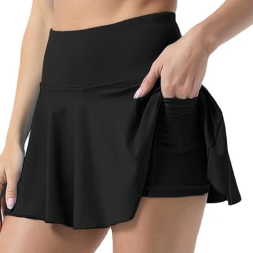 FDEETY Mujer Falda Pantalón Deporte Faldas Corta Padel Deportivas Tenis Golf Plisada Cintura Alta con Bolsillos con Pantalón Corto(Negro L)