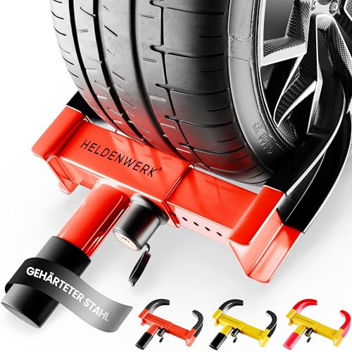 HELDENWERK Cepo de estacionamiento con cerradura de seguridad y 3 llaves – cepo para coche, caravana, remolque, motocicleta – garra de neumáticos de coche, garra de coche, garra de rueda para