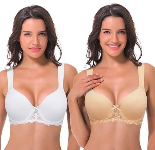 Curve Muse Damen Leicht Gepolstert Bügel Spitze BH mit gepolsterten Schultergurten-Nude,White-95D