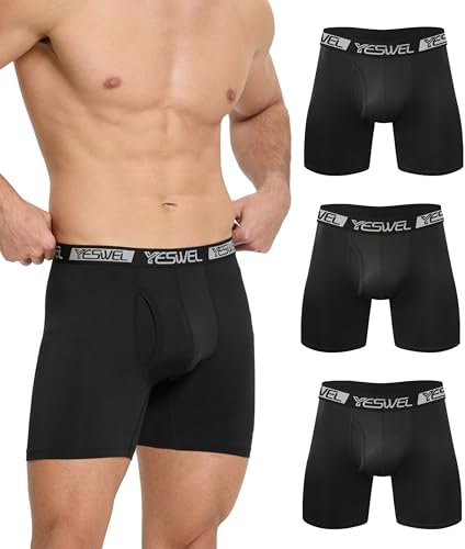 YESWEL Boxershorts Herren Lang, Herren Unterhosen, Lange Unterhosen Herren 3er Pack, Unterhosen Männer langes Bein Ohne Zettel, Retroshorts Atmungsaktive Sport Unterwäsche mit Eingriff(Schwarz L)