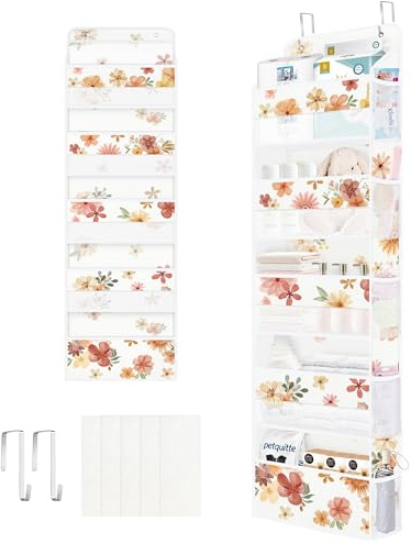 Clastyle Organizador Colgante Puerta Mujer Niña Flor Bolsa Almacenamiento Colgante para Pañales Ropa Juguetes Almacenaje Colgante para Dormitorio Baño Camping, Marrón, 5 Bolsillos