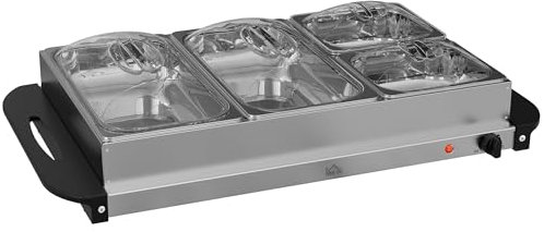 HOMCOM Chauffe-plats électrique en acier inoxydable 300 W capacité 2 x 2,4 L et 2 x 1 L avec plaque chauffante et couvercle, poignées froides au toucher, température réglable 58-85°C, argent
