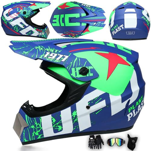 MODRYER Casco Moto Cross Bambini Adulti ATV Endurance Race Casco Integrale da Cross E Downhill MTB Donna Uomo Caschi Moto con Visiera Casco Motocross con Occhiali Guanti Maschera,Blue-XXL