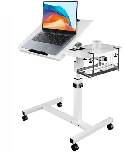 Table de lit réglable pour ordinateur portable avec bureau inclinable, roulettes et panier de rangement amovible, bureau de chevet réglable en hauteur pour bureau à domicile, étude, lecture et