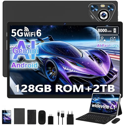 Dghrti 2026 Tablet 10 Zoll Android, 128GB ROM/TF 2TB, Octa-Core Prozessor, 8000mAh, BT5.0, 8MP+5MP, WiFi 5G+2.4G, Face ID, Widevine L1, Augenschutz, Tablet mit Tastatur & Maus Metallkörper-Schwarz