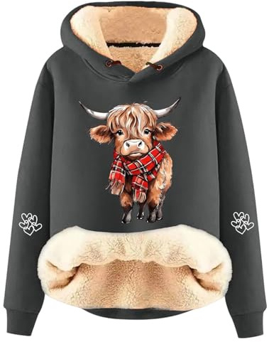 Highland Cow Hooides Jumpers for Women Fleece Lined Sherpa Hoodie Cow Sweatshirt Trendy Drawstring Long Sleeve Pullover Highland Cow Gifts for Women