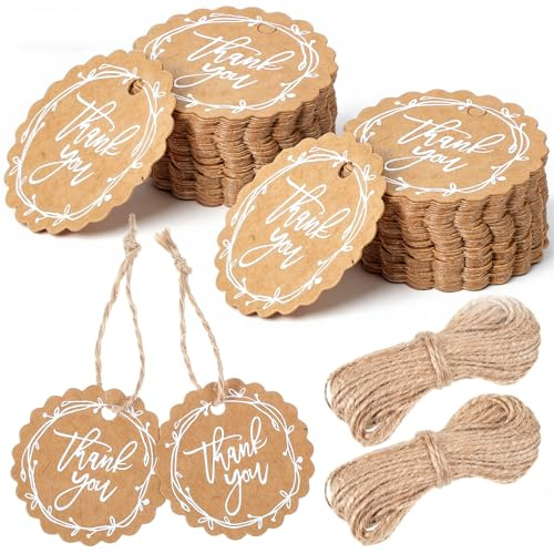 100 Pcs Thank You Gift Tags, Round Paper Gift Tags with String, 2 Inch Brown Scalloped Thank You Tag Party Favor Hangtags for Wedding, Baby Shower, Party Favors