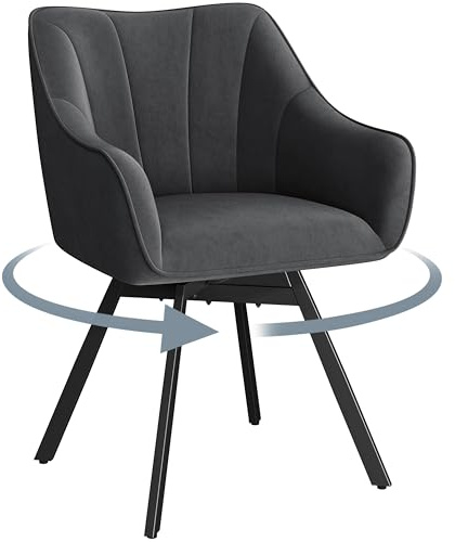 Yaheetech Swivel Dining Chair with Armrests and Backrest, Modern Velvet Side with Metal Legs and Rotating Seat,Kitchen Chair for Dining Room,Living Room,Bedroom,Office,Gray | 360° Swivel Seat | Velvet Upholstery | Tub Design with Armrests | Black Metal Legs | For Dining Vanity Bedroom