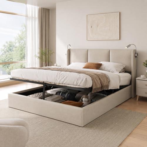 BAJKNIU Letto imbottito 160x200 cm con Contenitore idraulico, letto matrimoniale con illuminazione a LED e presa USB, Letto Contenitore, Letti Contenitore con rete a doghe, senza materasso
