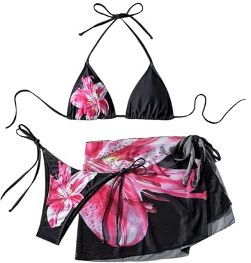 GORGLITTER Conjunto de bikini de triángulo para mujer, cintura alta, sexy, con falda, juego de 3 piezas, traje de baño con flores, traje de baño, Negro , S