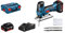 Bosch Professional 18V System Akku Stichsäge GST 18V-LI S (Schnitttiefe in Holz/Alu/Metall: 120/20/8 mm, inkl. 2x 4.0Ah Akku + Ladegerät, 3x Sägeblätter für Holz, Abdeckhaube, Einlage, L-BOXX)