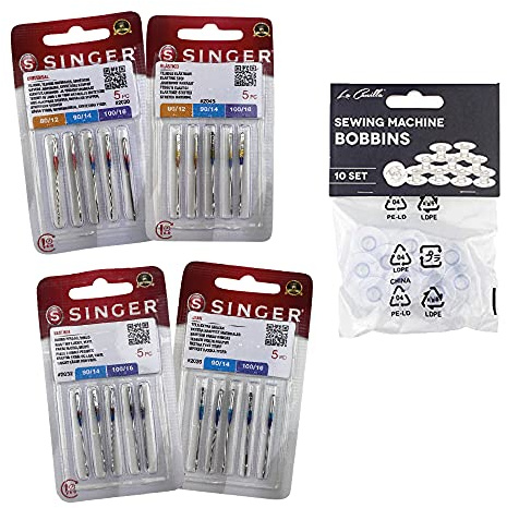 Singer Lot de 20 Aiguilles pour Machine à Coudre Stretch universelle Coton Cuir et Jeans 130/705 H-S H-LL H-J 2020 2026 2032 2045 et pack de 10 Canettes Machine à Coudre