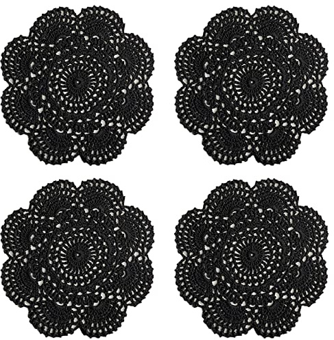 Phantomon 8 Inch Doilies Crochet Round Lace Doily Handmade Placemats 100% Cotton Crocheted Coasters, Pack of 4 (Black)