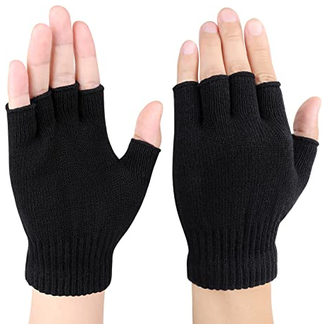 Black Fingerless Knitted Gloves for Men, Women & Kids - Thermal Winter Half Finger Gloves, One Size