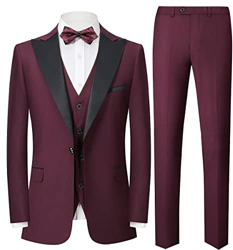 Sliktaa Abiti da uomo 3 pezzi Set Slim Fit monopetto un bottone formale smoking abito da sposa Business Performance Blazer gilet pantaloni, Rosso, XL