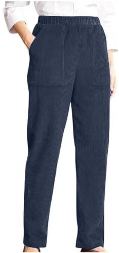 Corduroy Trousers Women Elasticated Waist With Pocket Casual Pants Trousers Relax Fit Ladies Full Length Trousers Hogh Waisted Everyday Stretchy Lightweight Pants Straight Leg Trouser Navy XXL
