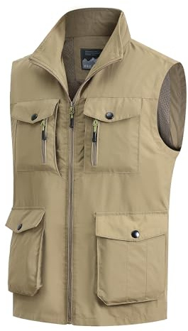 MeiLayM Chaleco de Pesca para Hombres Al Aire Libre - Multibolsillos, Malla Respirable, Ligero, Sin Mangas - Chaqueta para Fotografía y Viajes - Caqui, 3XL