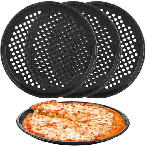 Oungy 4 PCS Pizza Tray, 12 Inch Carbon Steel Non-Stick Pizza Oven Trays, Round Perforated Pizza Dough Tray Pans for Oven, Baking, Roasting