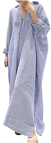 Zeiayuas Striped Maxi Dresses for Women Cotton Linen Shirt Dress Italian Kaftan Long Dress Button Down Oversized Beach Dresses Summer Loose Casual Holiday Dresses Lapel Long Sleeve Tunic Dresses
