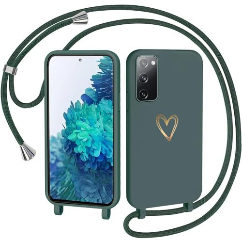 CaseLover Handyband für Samsung Galaxy S20 FE Hülle mit Band, Herz Muster Silikon Necklace Handyhülle mit Abnehmbar Kordel zum Umhängen Stossfest Bumper Schutzhülle für Samsung S20 FE 4G/5G, Grün